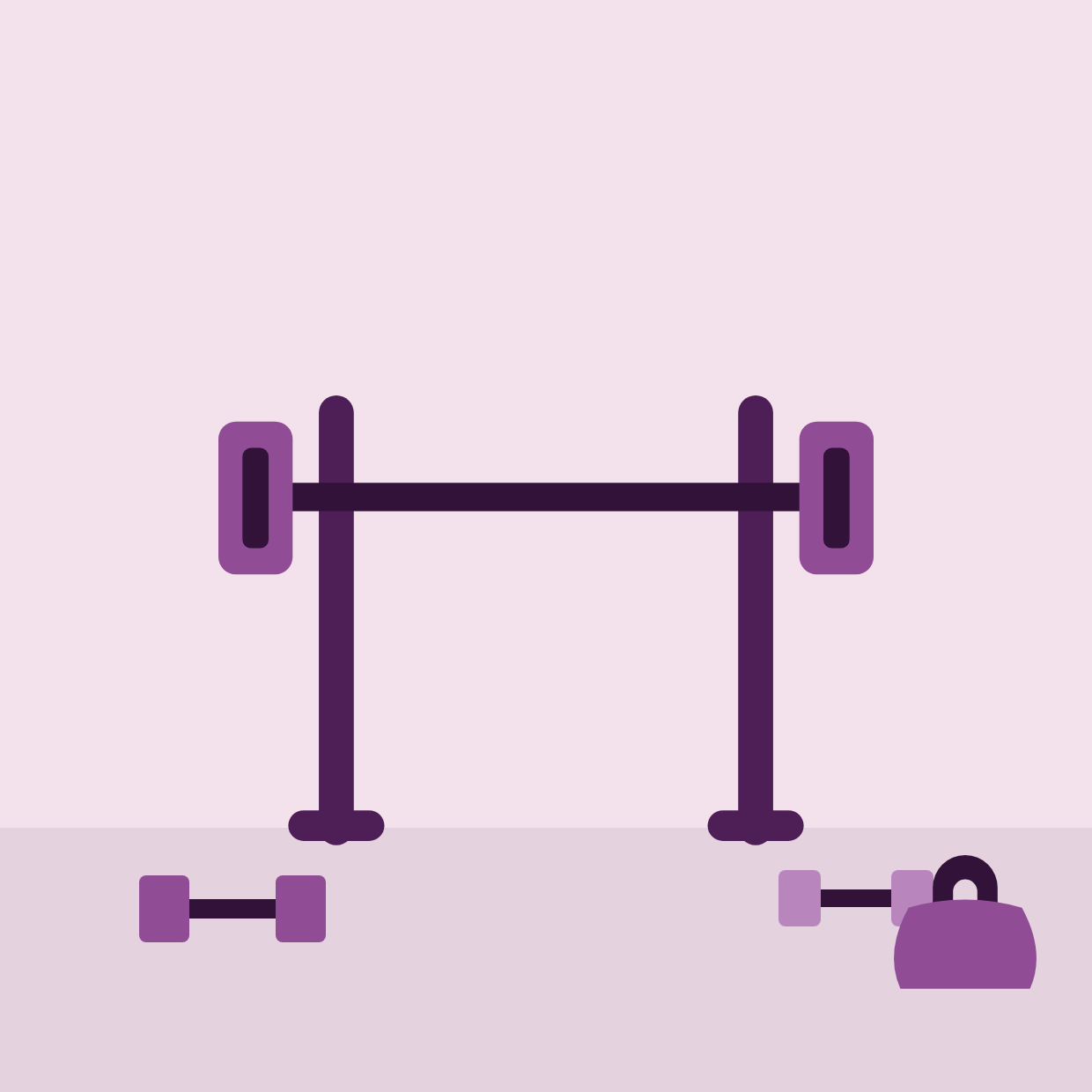 A loaded barbell on a squat stand, with dumbbells and a kettlebell on the floor.